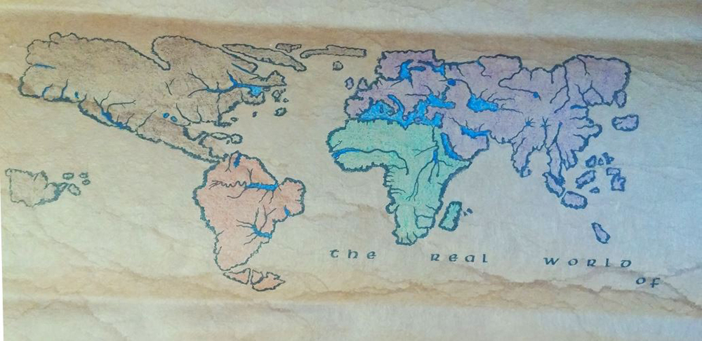 In the illustrated world map, we are presented with colored continents: brown (North America, Australia), red-orange (South America), green (Africa), purple (Europe, Asia).