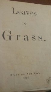 Title page from first edition of Leaves of Grass, 1855. Words in large print, publication place and date