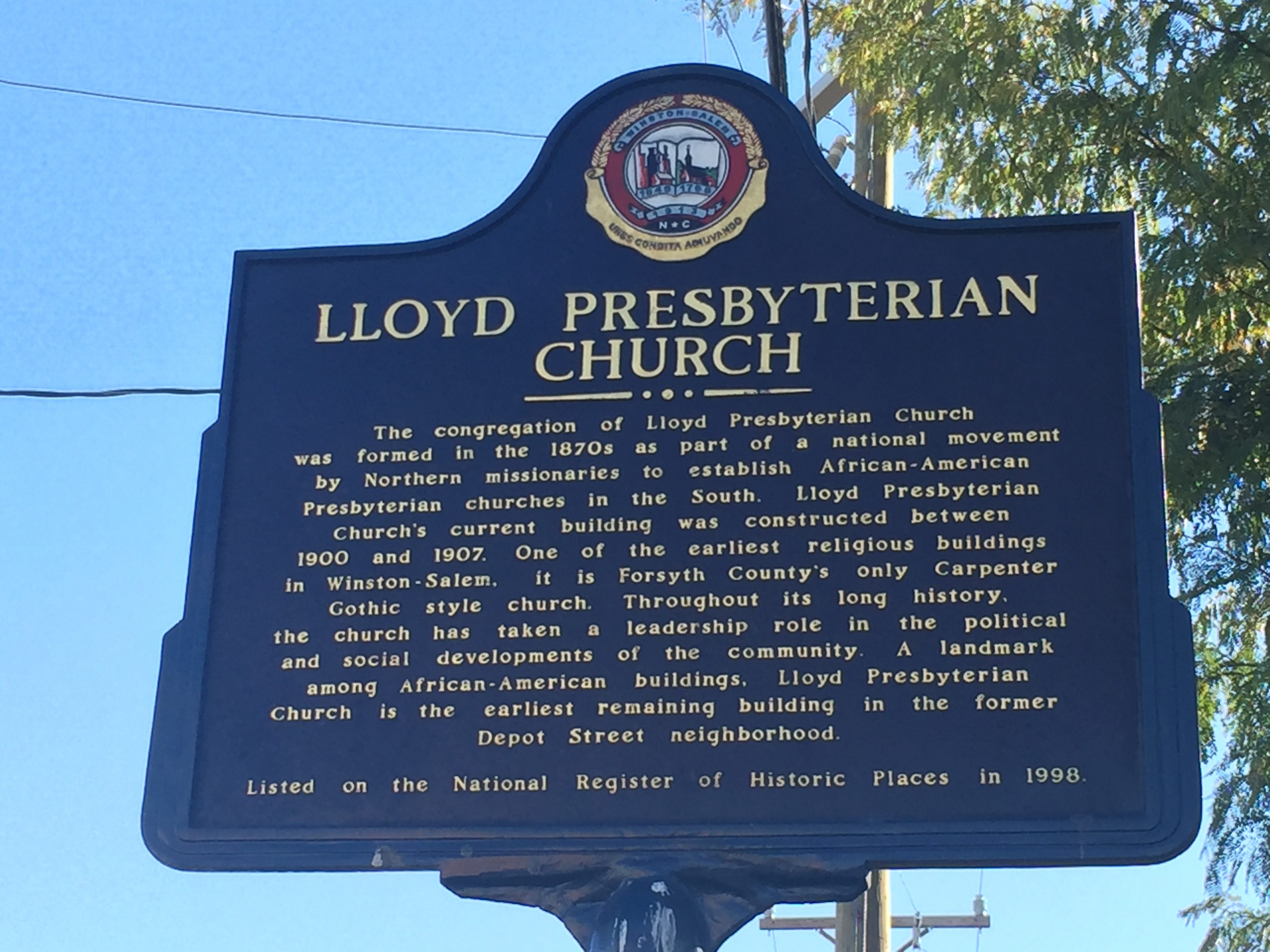 Historic landmark sign standing outside Lloyd Presbyterian Church 