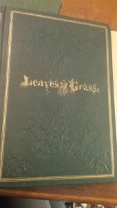 Exterior of Leaves of Grass, 1855. Cover in green, letters in gold, plant patterned