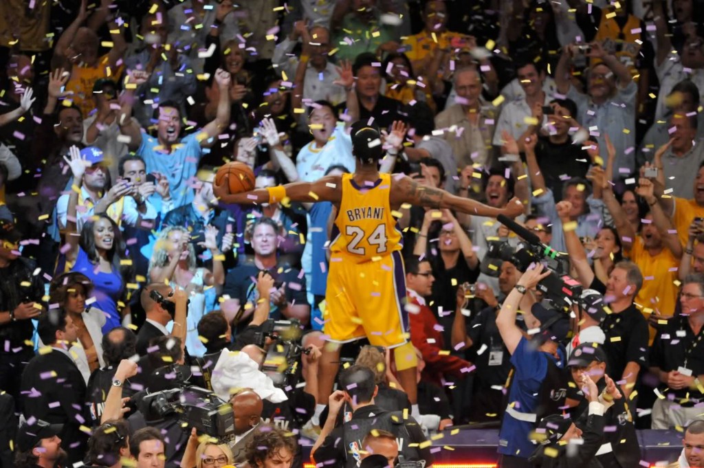 Minutes after winning his fifth NBA Championship, Kobe Bryant shares an intense, celebratory moment with fans.